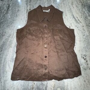 Toto N Ko Women's 14 Petite 100% Linen Brown Sleeveless Shirt Button Down Casual